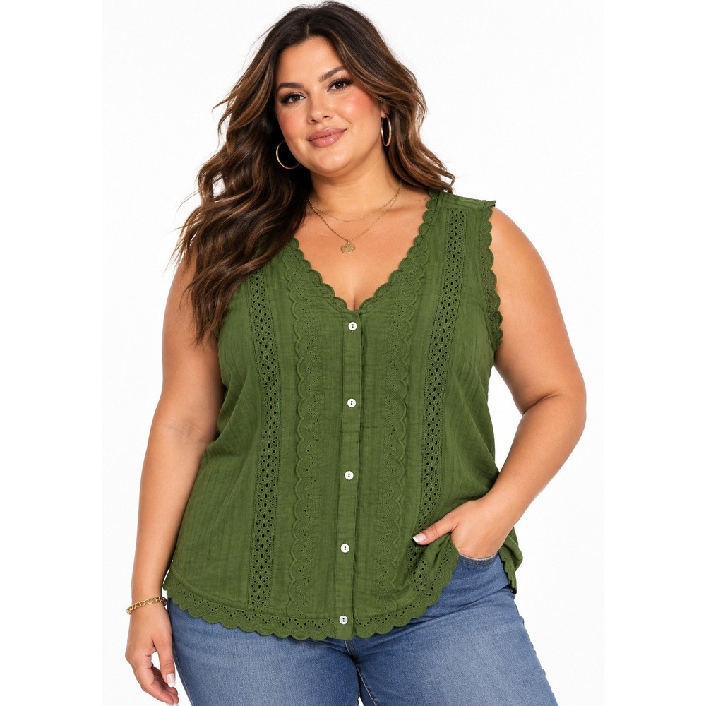 Market & Spruce Pam Jacquard Blouse Dark Green Eyelet Lace Sleeveless Top 3X NEW